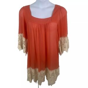 Umgee Burnt Sienna Bohemian Dress With Crochet‎ Lace Hem & Sleeve Detail Size XL